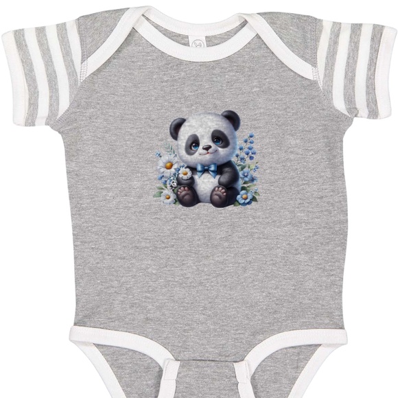 Infant Panda Blue Flower Baby Rib Bodysuit - Picture 1 of 6